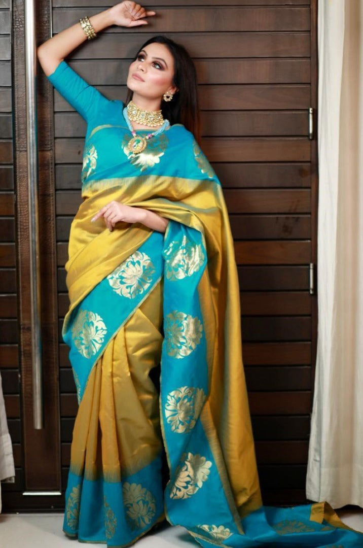 Rama soft lichi golden jacquard weaving work ceremonial saree