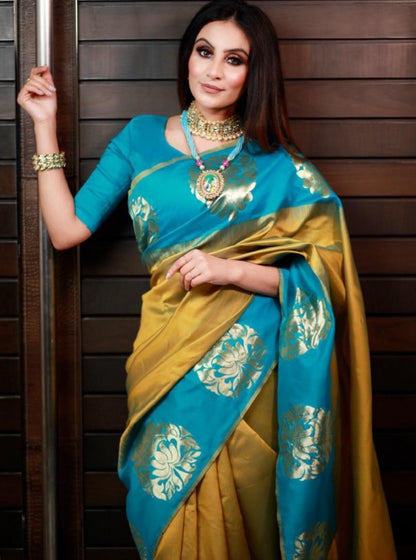 Rama soft lichi golden jacquard weaving work ceremonial saree
