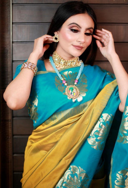 Rama soft lichi golden jacquard weaving work ceremonial saree