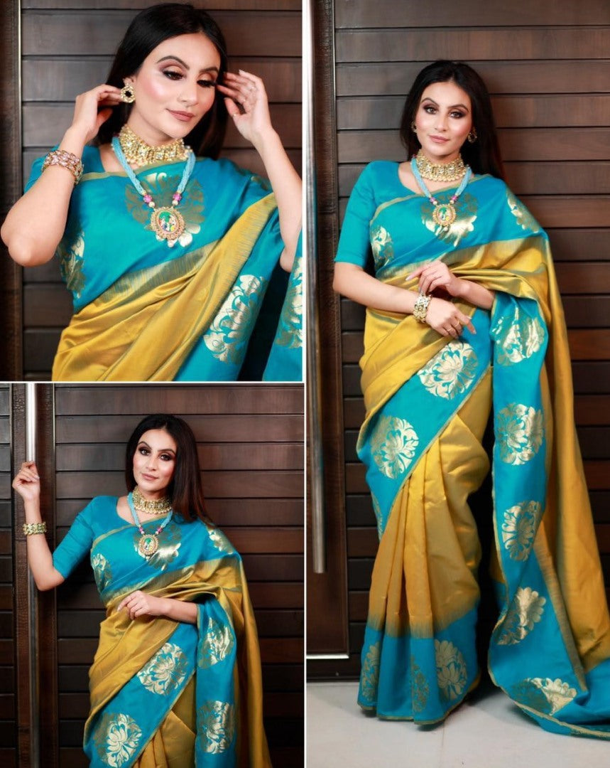 Rama soft lichi golden jacquard weaving work ceremonial saree