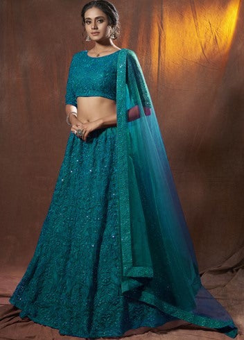 Rama soft net sequence thread work ceremonial lehenga choli
