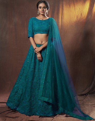 Rama soft net sequence thread work ceremonial lehenga choli