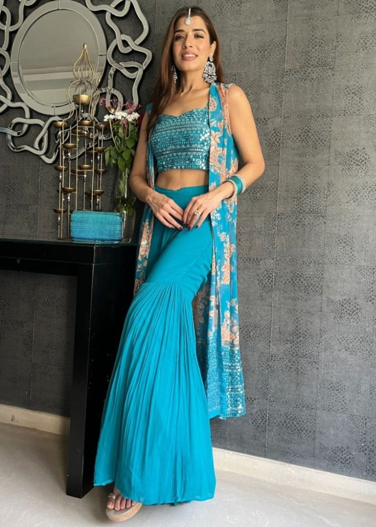 Rama tabby silk embroidered sharara suit with shrug