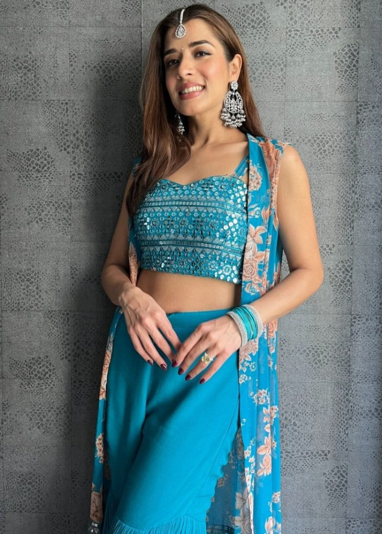 Rama tabby silk embroidered sharara suit with shrug