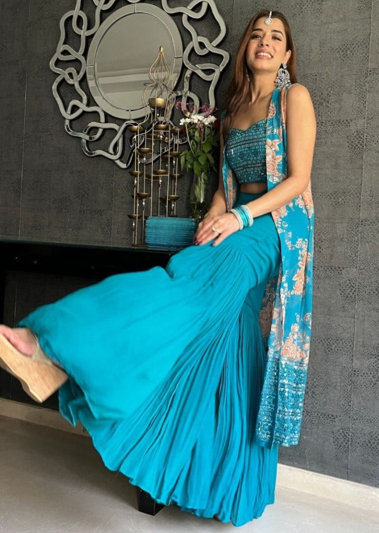 Rama tabby silk embroidered sharara suit with shrug