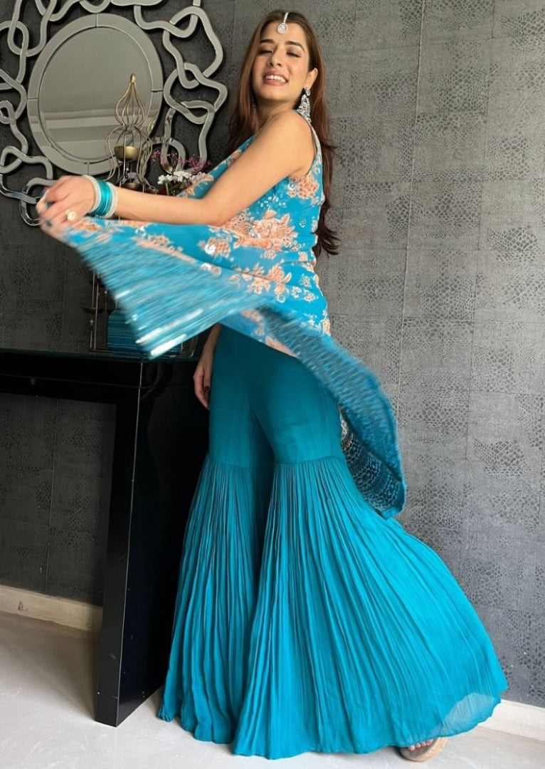 Rama tabby silk embroidered sharara suit with shrug