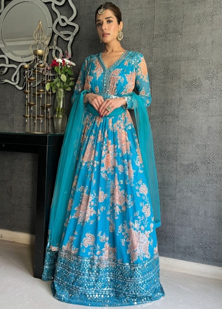 Rama tubby silk flower print and sequence work long ceremonial gown