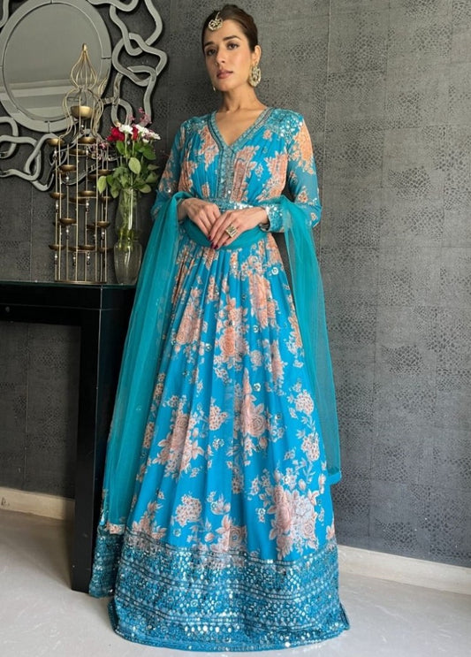 Rama tubby silk flower print and sequence work long ceremonial gown