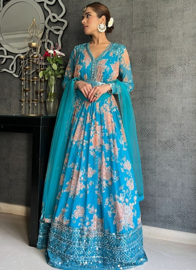 Rama tubby silk flower print and sequence work long ceremonial gown