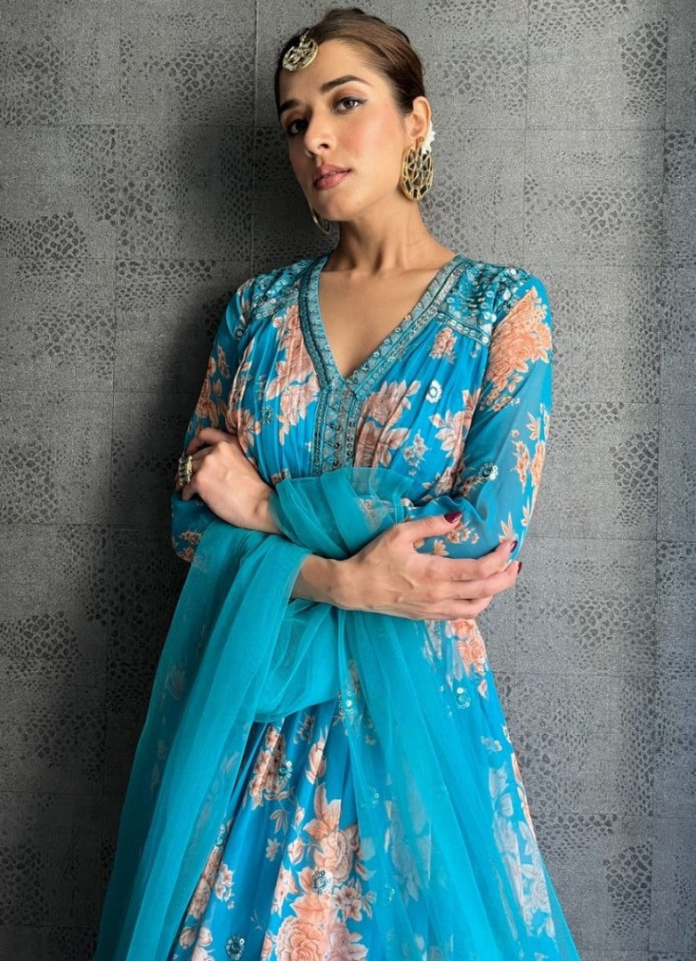 Rama tubby silk flower print and sequence work long ceremonial gown