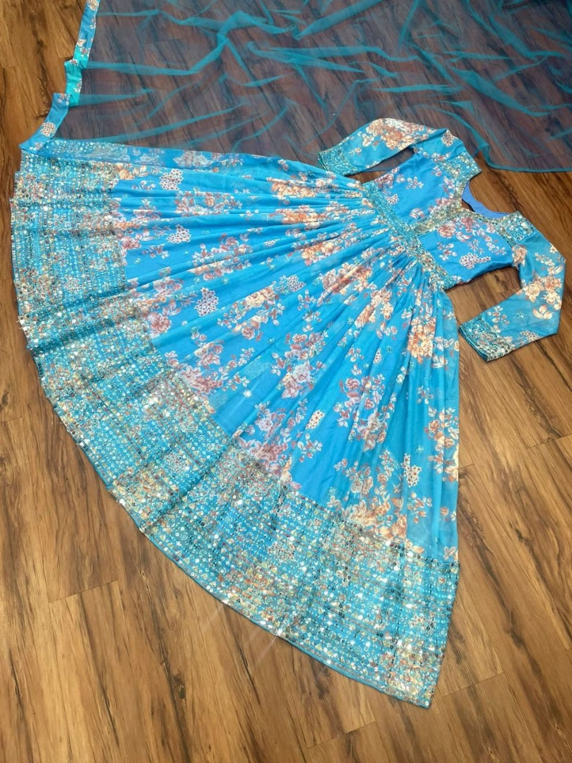 Rama tubby silk flower print and sequence work long ceremonial gown