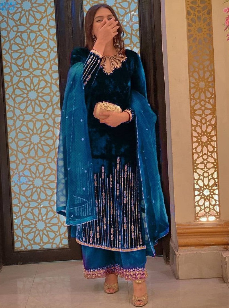 Rama velvet embroidery worked plazzo suit for wedding