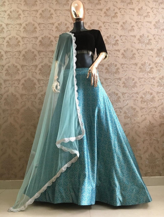 Rama zari satin bandhani printed lehenga choli