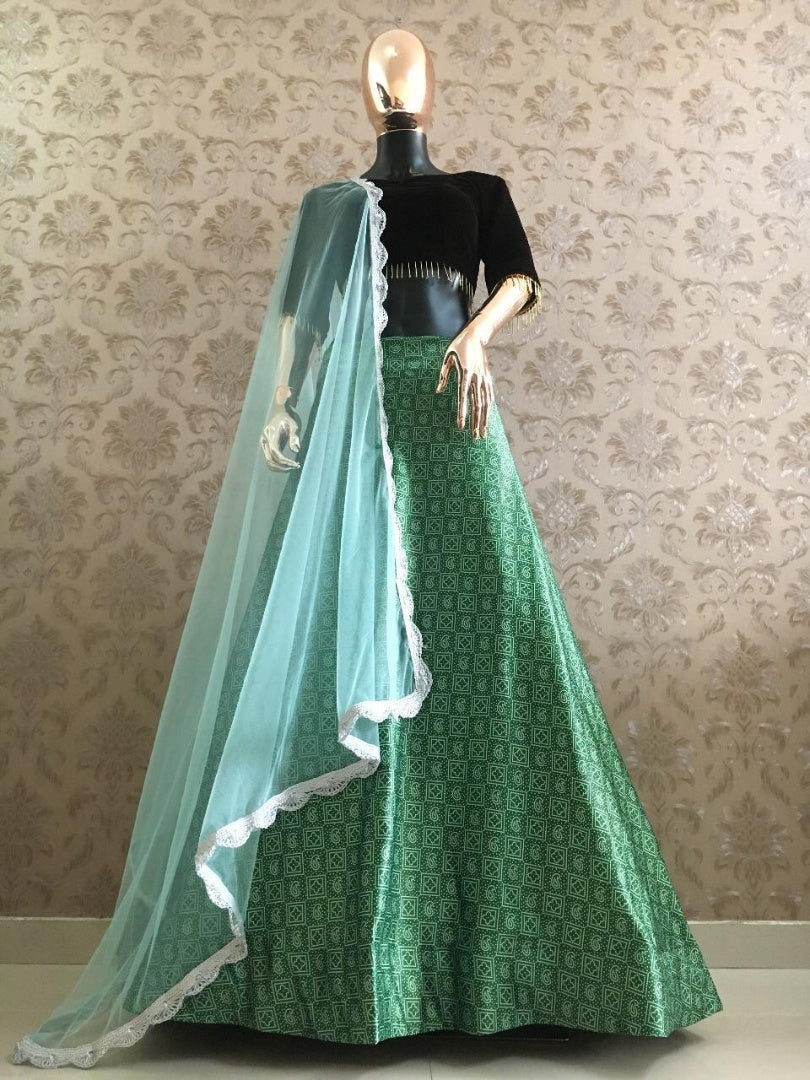 Rama zari satin bandhani printed lehenga choli