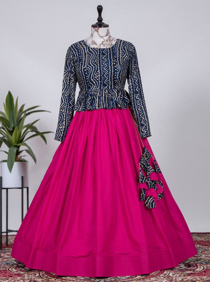 Rani pink cotton bandhni print crop top lehenga