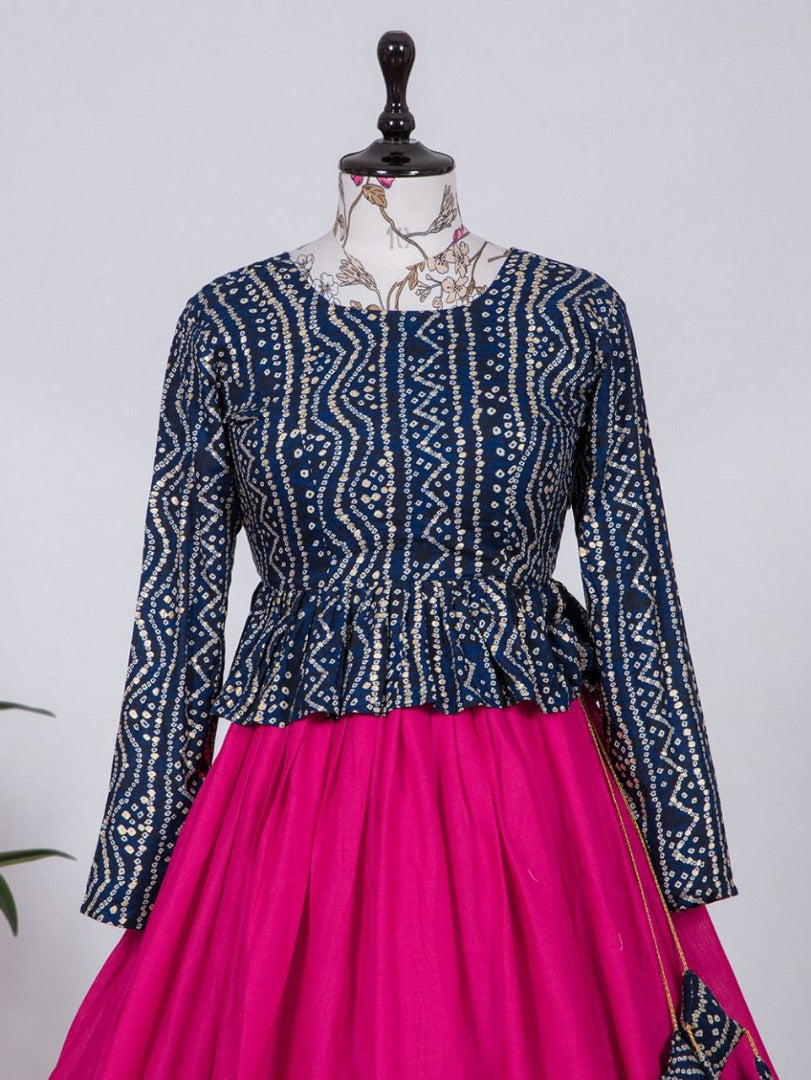 Rani pink cotton bandhni print crop top lehenga