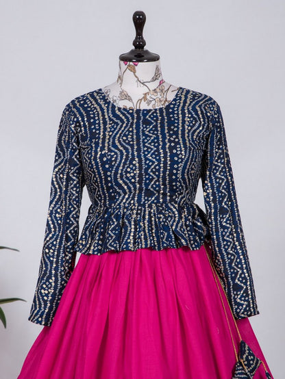 Rani pink cotton bandhni print crop top lehenga