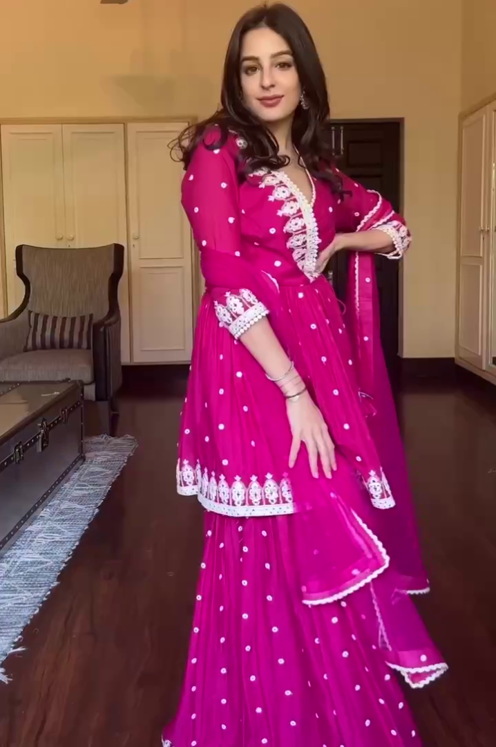 Rani pink embroidery work sharara suit