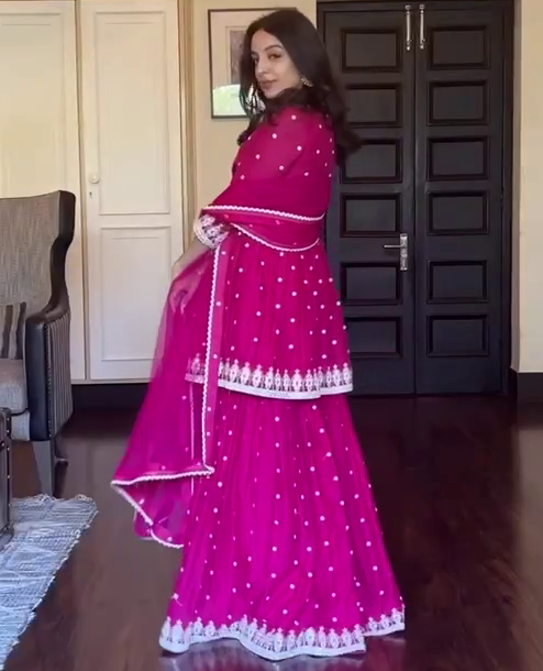 Rani pink embroidery work sharara suit