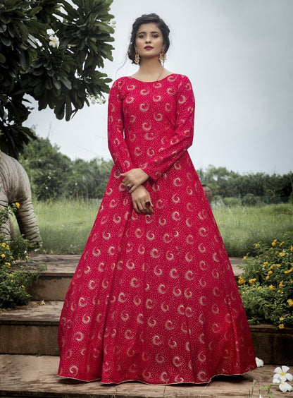 Rani pink georgette foil printed party wear anarkali gown