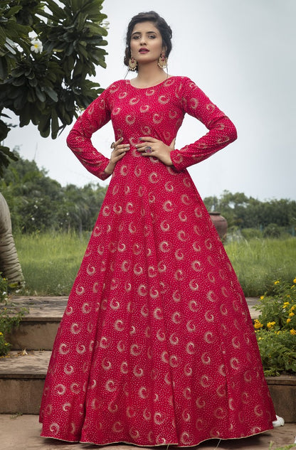 Rani pink georgette foil printed party wear anarkali gown