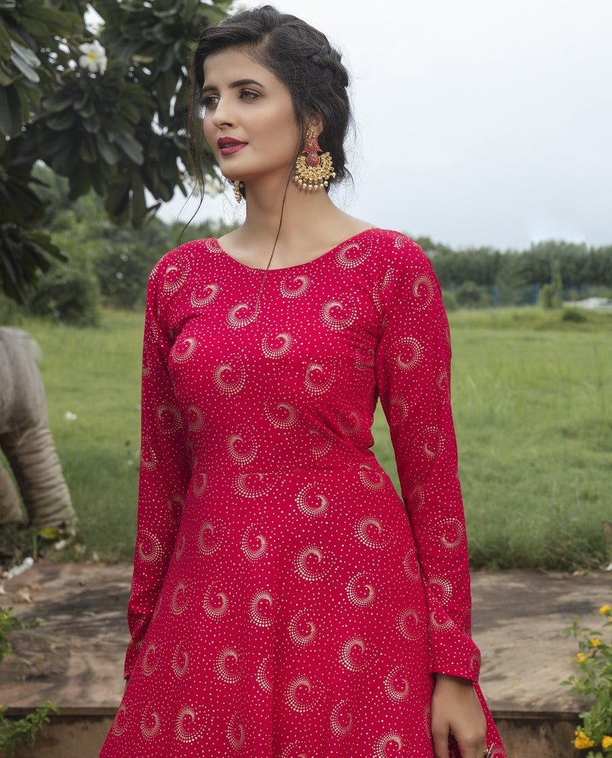 Rani pink georgette foil printed party wear anarkali gown