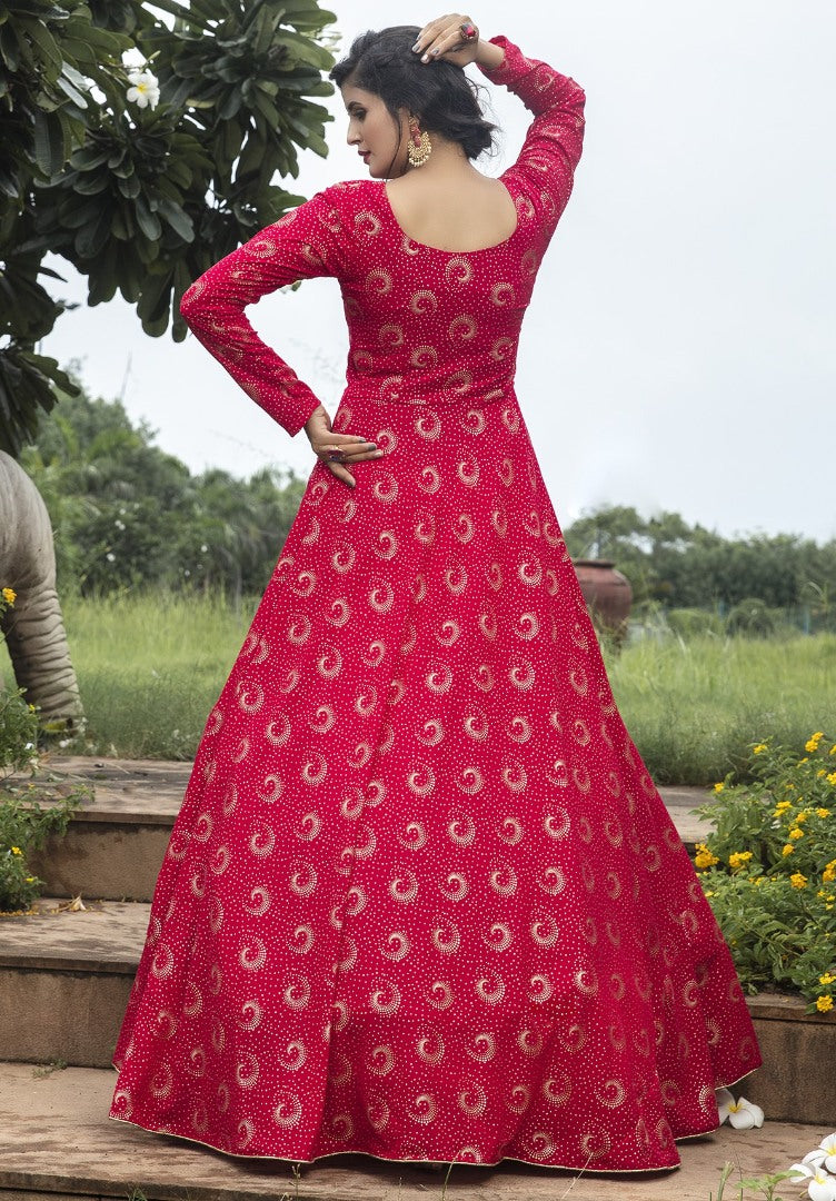 Rani pink georgette foil printed party wear anarkali gown