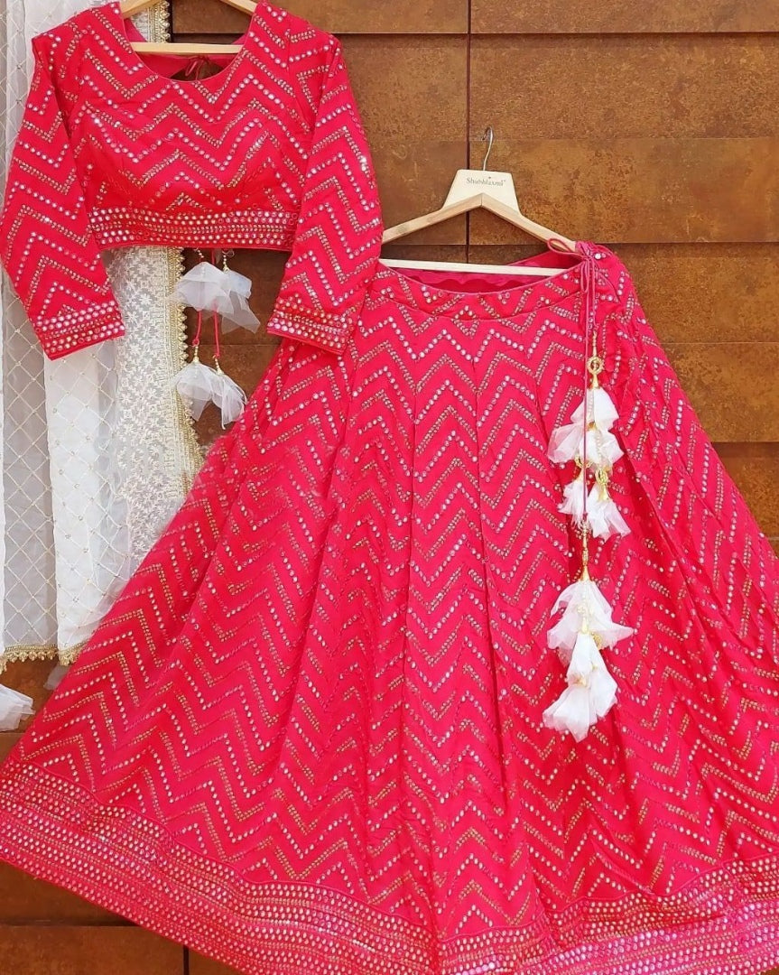 Rani pink georgette heavy thread sequence embroidered wedding lehenga choli