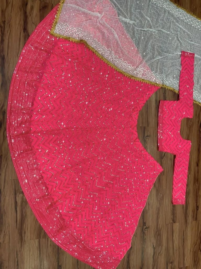 Rani pink georgette heavy thread sequence embroidered wedding lehenga choli