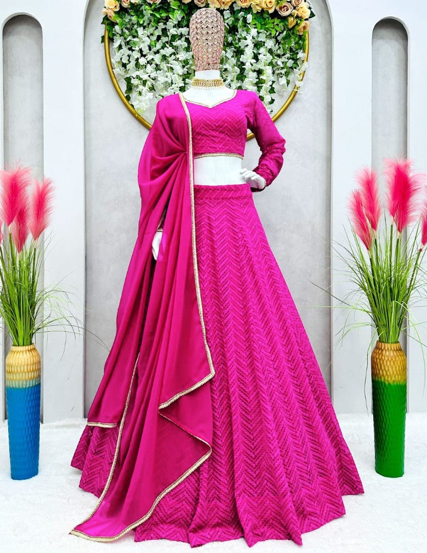 Rani pink georgette heavy thread sequence work lehenga choli for ceremony