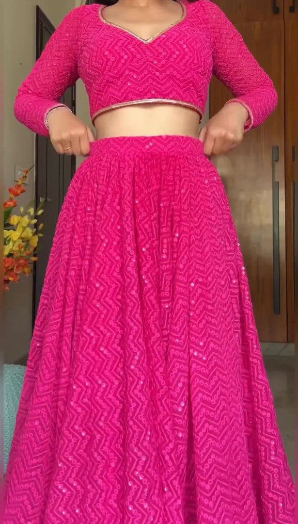 Rani pink georgette heavy thread sequence work lehenga choli for ceremony