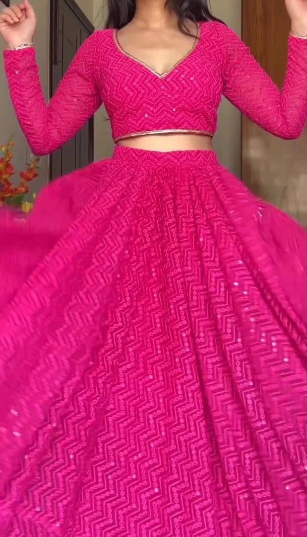 Rani pink georgette heavy thread sequence work lehenga choli for ceremony