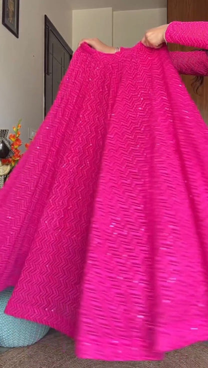 Rani pink georgette heavy thread sequence work lehenga choli for ceremony