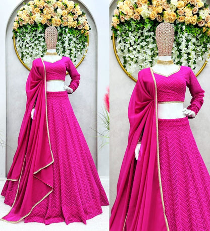 Rani pink georgette heavy thread sequence work lehenga choli for ceremony