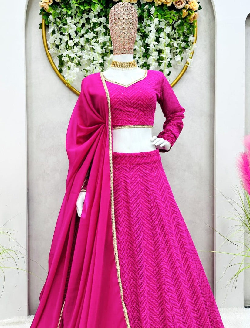 Rani pink georgette heavy thread sequence work lehenga choli for ceremony