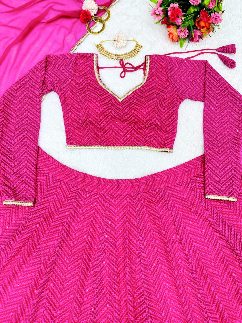 Rani pink georgette heavy thread sequence work lehenga choli for ceremony