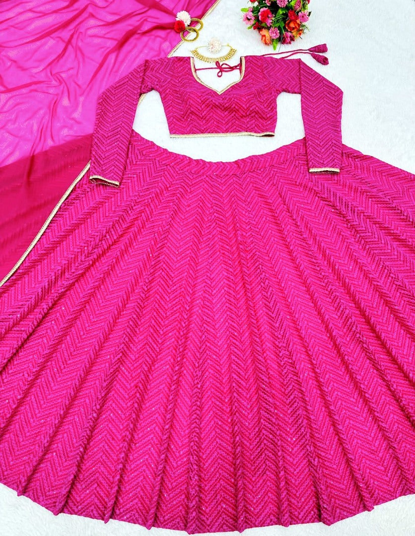 Rani pink georgette heavy thread sequence work lehenga choli for ceremony