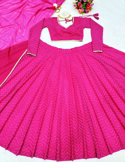 Rani pink georgette heavy thread sequence work lehenga choli for ceremony