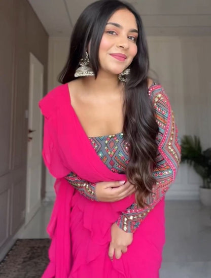 Rani pink georgette ruffle lehenga saree with heavy embroidery blouse