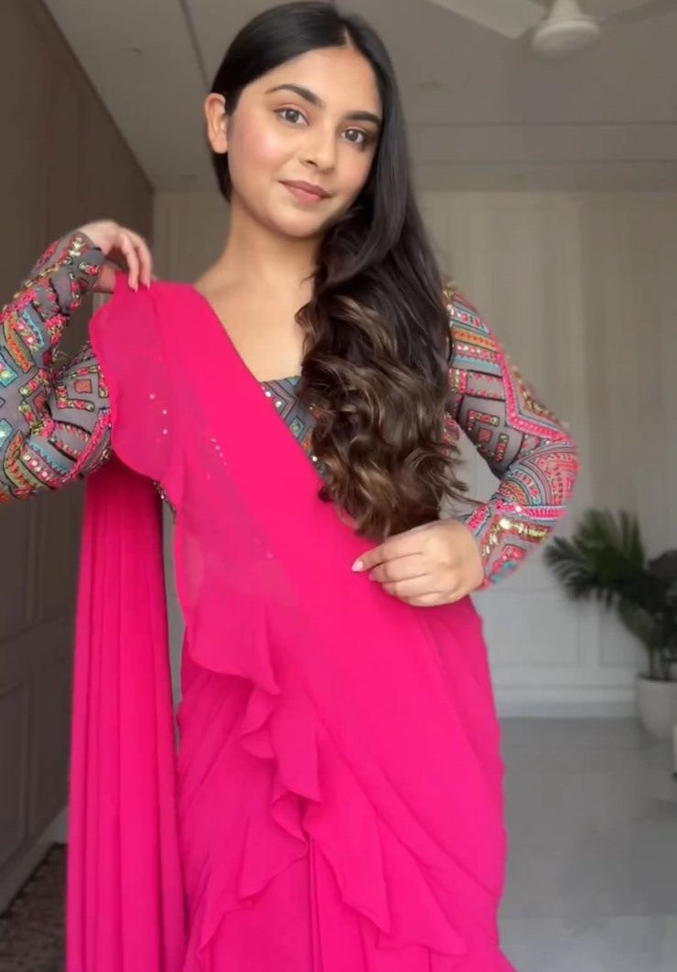Rani pink georgette ruffle lehenga saree with heavy embroidery blouse