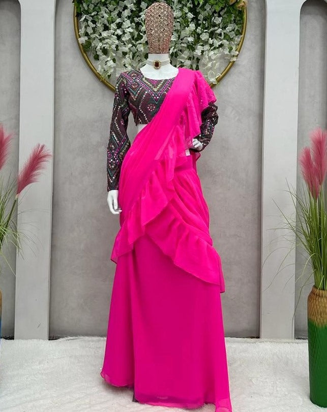 Rani pink georgette ruffle lehenga saree with heavy embroidery blouse