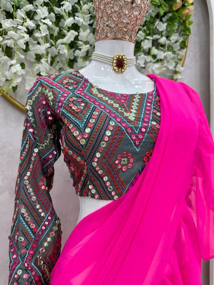 Rani pink georgette ruffle lehenga saree with heavy embroidery blouse