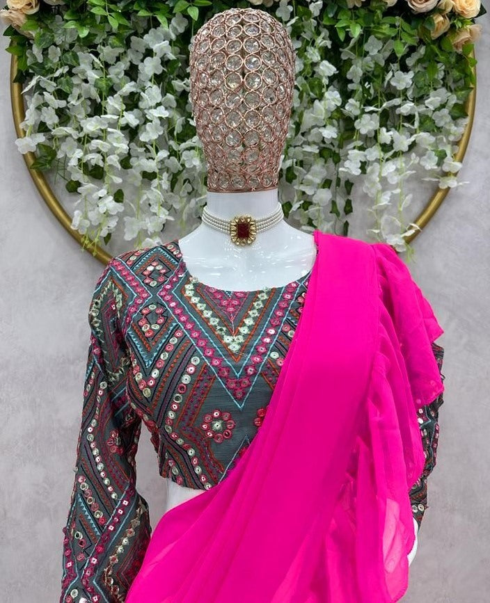 Rani pink georgette ruffle lehenga saree with heavy embroidery blouse