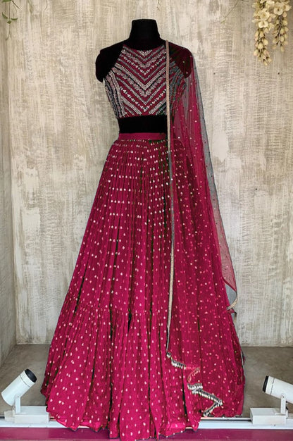 Rani pink georgette thread sequence embroidery work partywear lehenga choli
