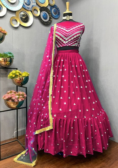 Rani pink georgette thread sequence embroidery work partywear lehenga choli