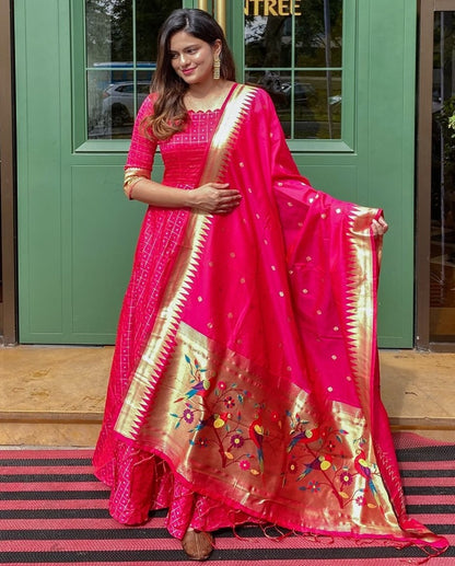 Rani pink jacquard silk weaving work wedding gown