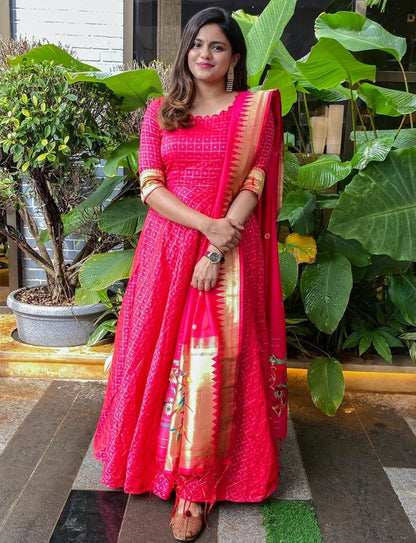 Rani pink jacquard silk weaving work wedding gown