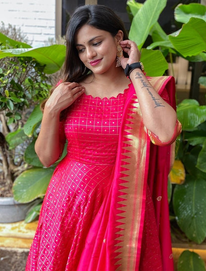 Rani pink jacquard silk weaving work wedding gown