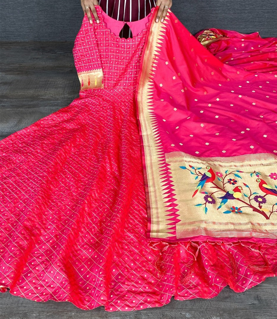 Rani pink jacquard silk weaving work wedding gown