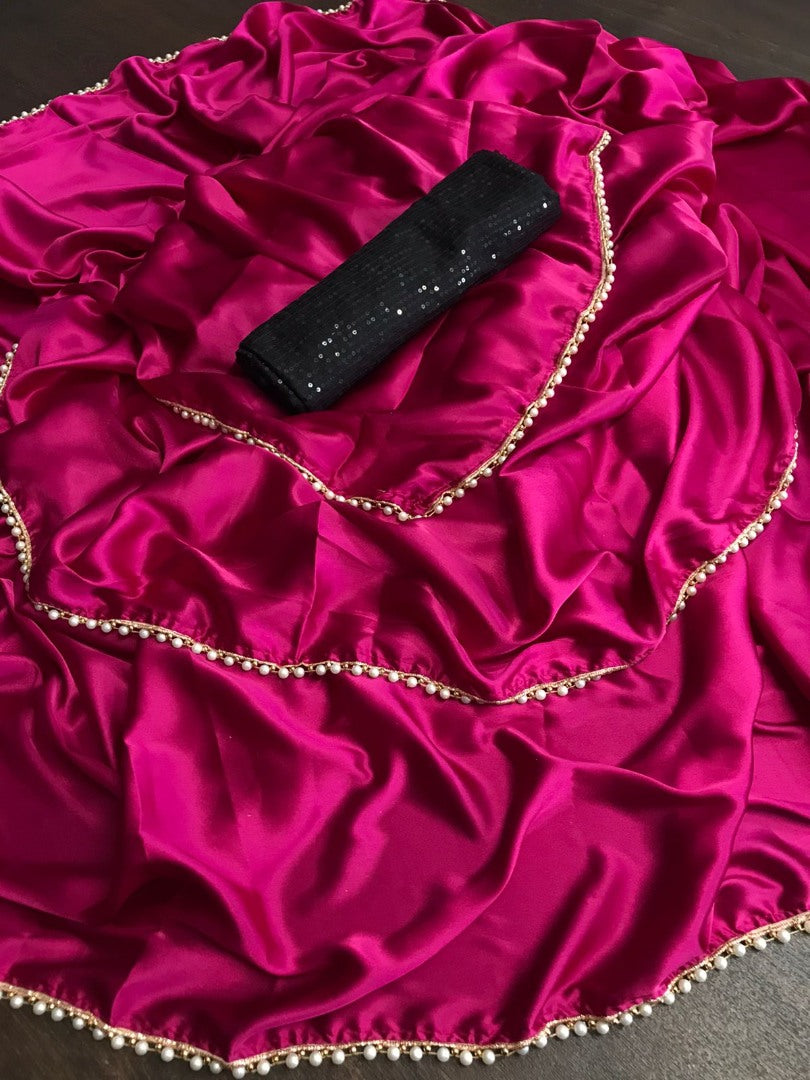 Rani pink japan satin party wear saree with pearl lace with sequence work blouse